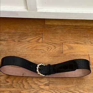 Black Croc-Embossed Belt with Gold Buckle